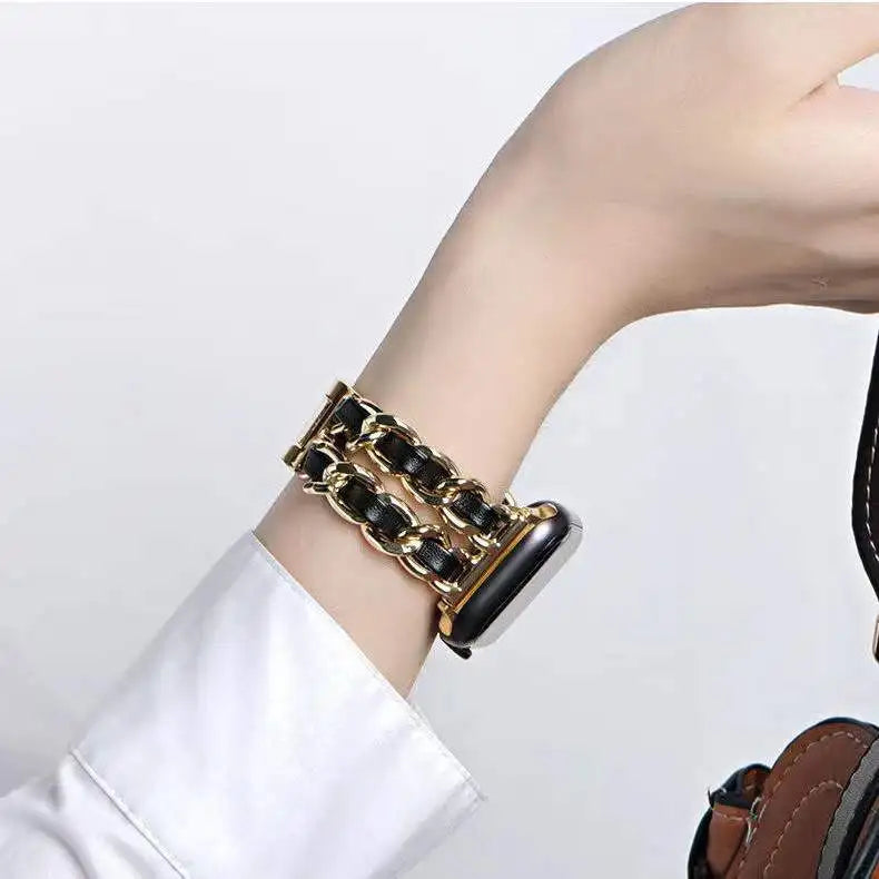 E-Watch™ Women-Lady Gold Wristband Metal-Leather Bracelet Strap | Band compatible all Apple Watch | Stainless Steel